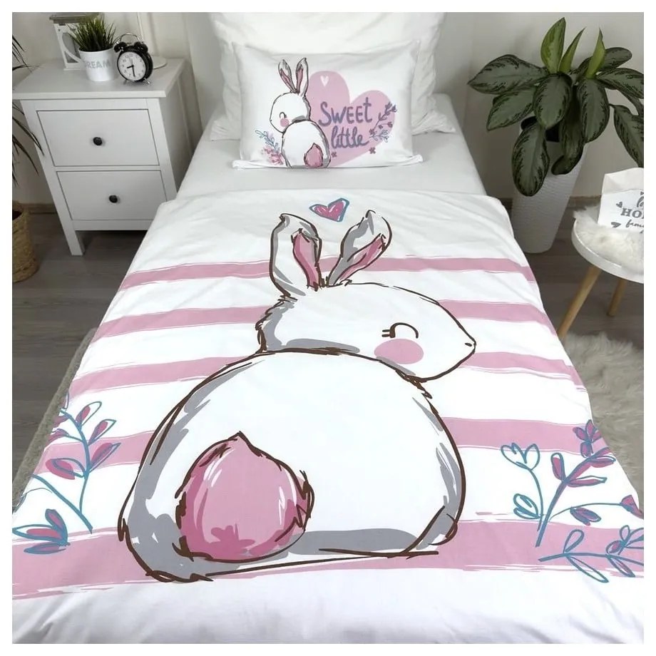 Biała/różowa bawełniana pościel dziecięca do łóżeczka 100x135 cm Bunny "Sweet" – Jerry Fabrics