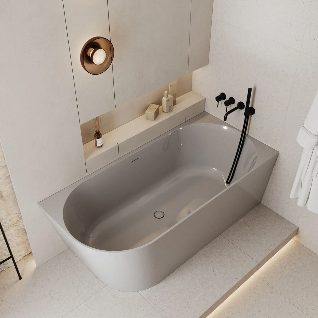 Wanna wolnostojąca narożna prawa konglomerat beżowa błyszcząca 160 x 75 cm WALL Beige Glow z przelewem typu SLIM : Kolor wanny - Szary połysk