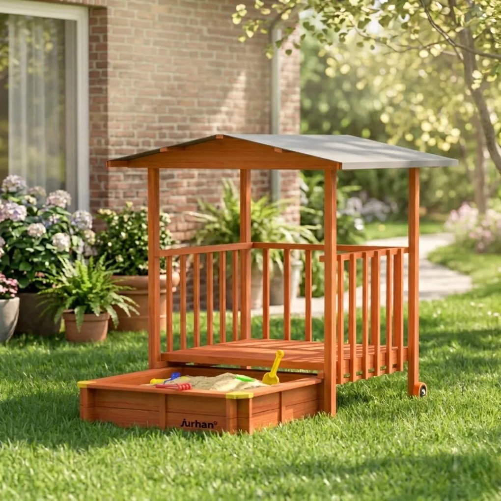 Piaskownica z werandą SUNNY, 130x130x143cm, brązowa/szara Jurhan