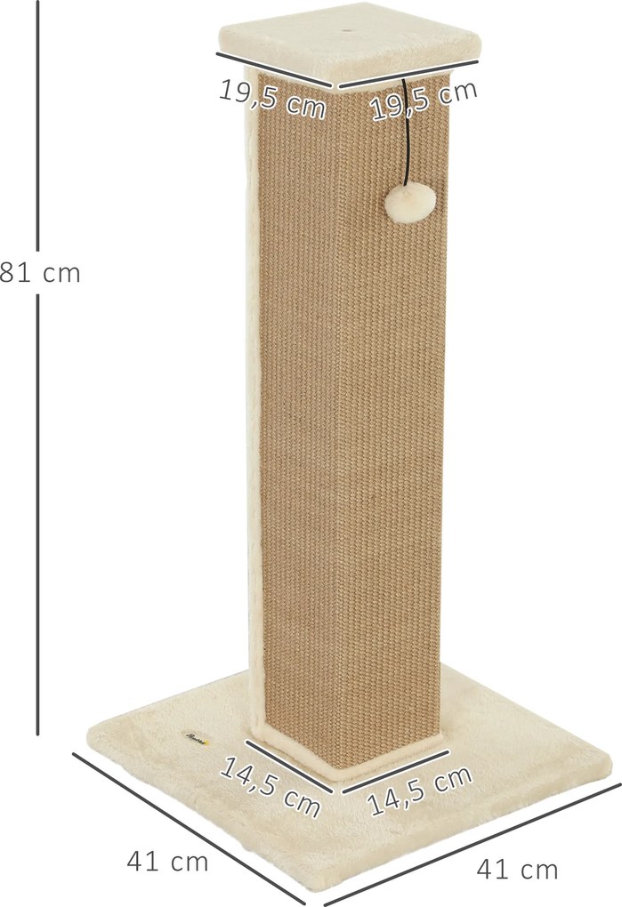 PawHut Drapak dla kotów, z piłeczką, plusz, juta, 41 cm x 41 cm x 81 cm, Beżowy | Aosom PL
