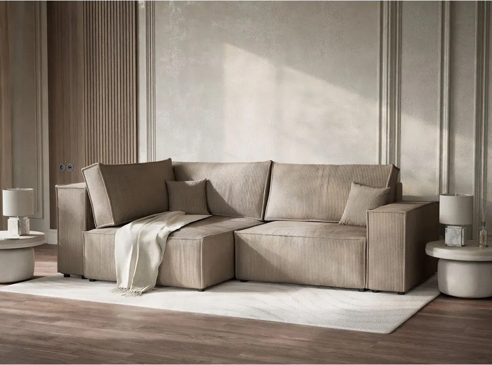 Beżowy sztruksowy rozkładany/ze schowkiem narożnik (lewostronny/w kształcie litery L) Tonga – Maison de Rêve