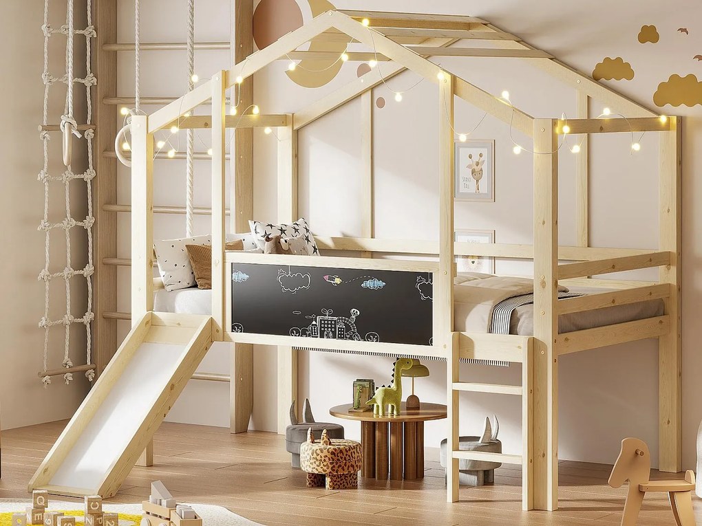 Łóżko na antresoli dziecięce 90x200 cm - z drabiną bezpieczeństwa - ze zjeżdżalnią - z tablicą do rysowania - Naturalny (materac nie jest dołączony)