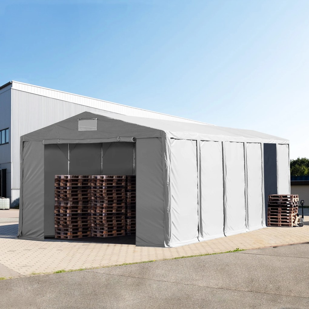 TOOLPORT 8x12m Namiot magazynowy - 4,0 m wysokość ścian bocznych z bramą na zamek błyskawiczny, PVC 850, szary, ze statyką (podłoże gruntowe) - (93834)