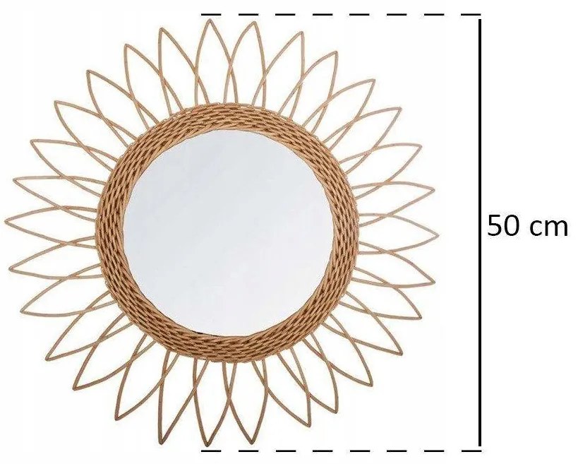 Lustro w ramie okrągłe wiszące z naturalnego rattanu w kształcie słońca