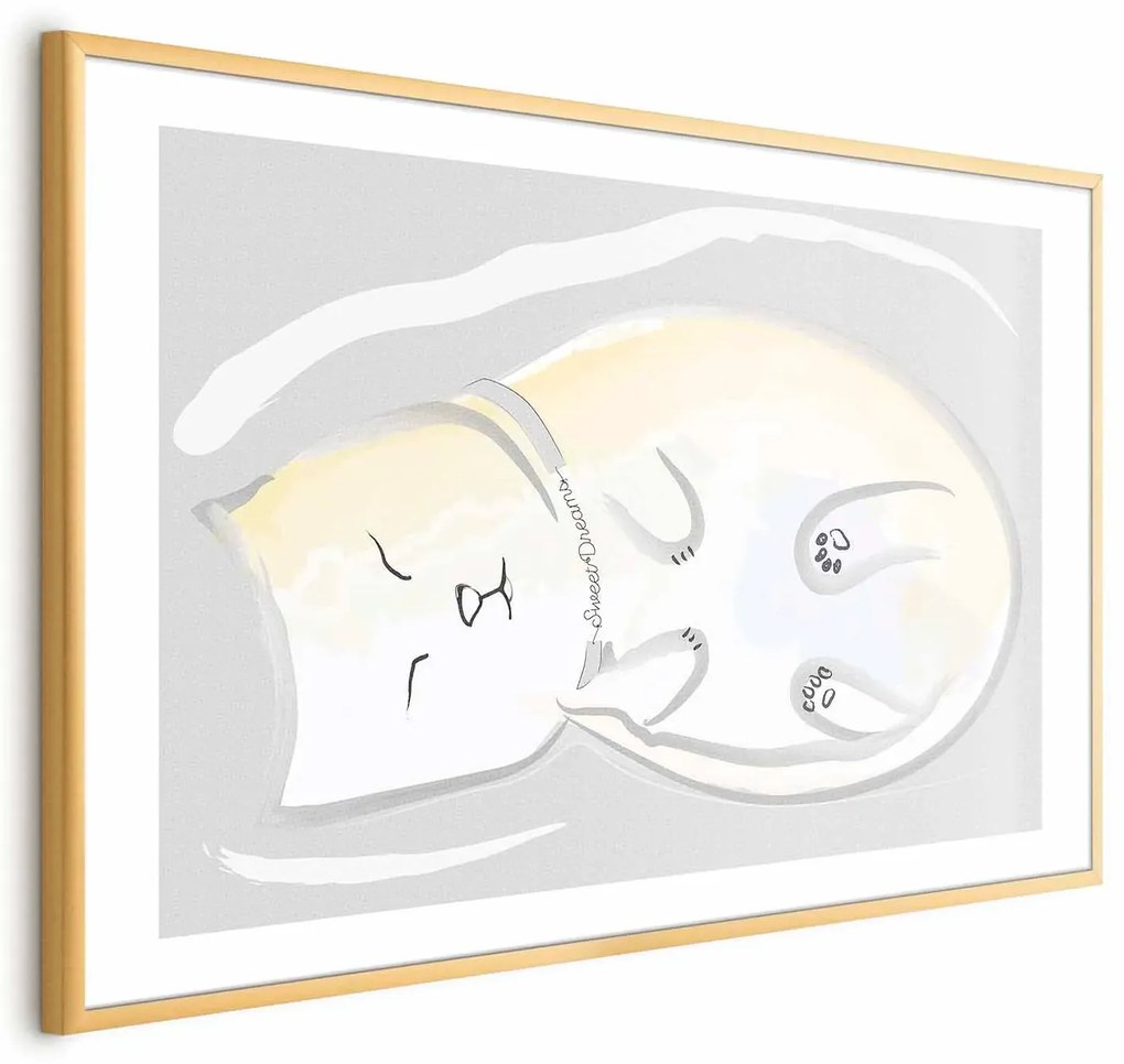 Plakat Śpiący kotek 90x60 cm z ramą złotą z marginesem ARTGEIST B