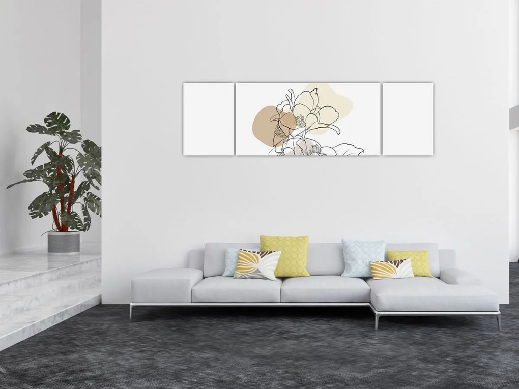 Obraz - Beżowe kwiaty z motylem N⁰1 (170x50 cm)