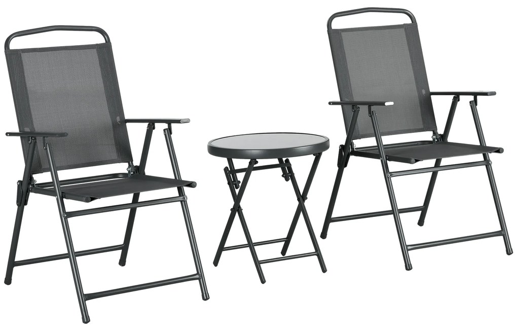 Outsunny Zestaw bistro 3-częściowy z metalu Odporny na warunki pogodowe Zestaw mebli ogrodowych ze składanym stolikiem i krzesłami Ciemnoszary