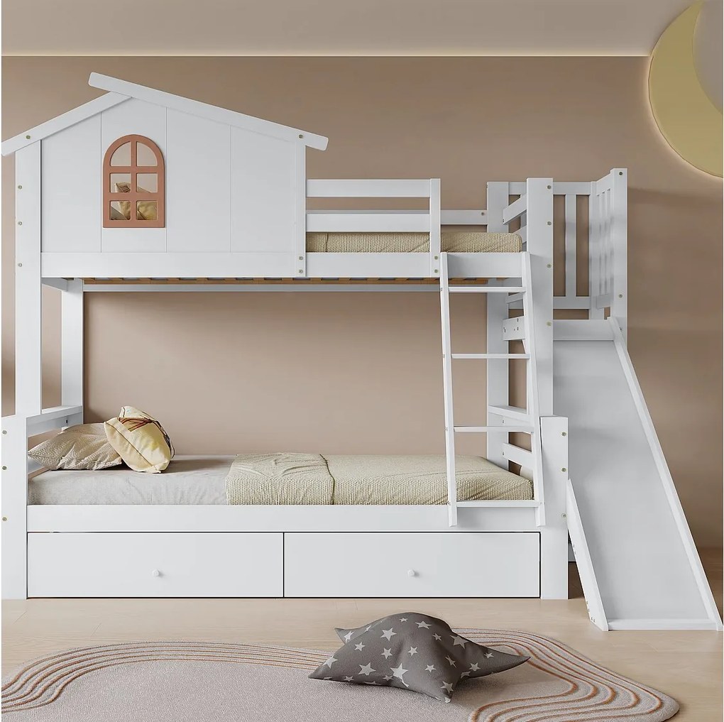 Łóżko piętrowe dla dzieci - 90 x 200 cm + 120 x 200 cm - z oknami + schodami + zjeżdżalnią + 2 szufladami - drewno + MDF - białe