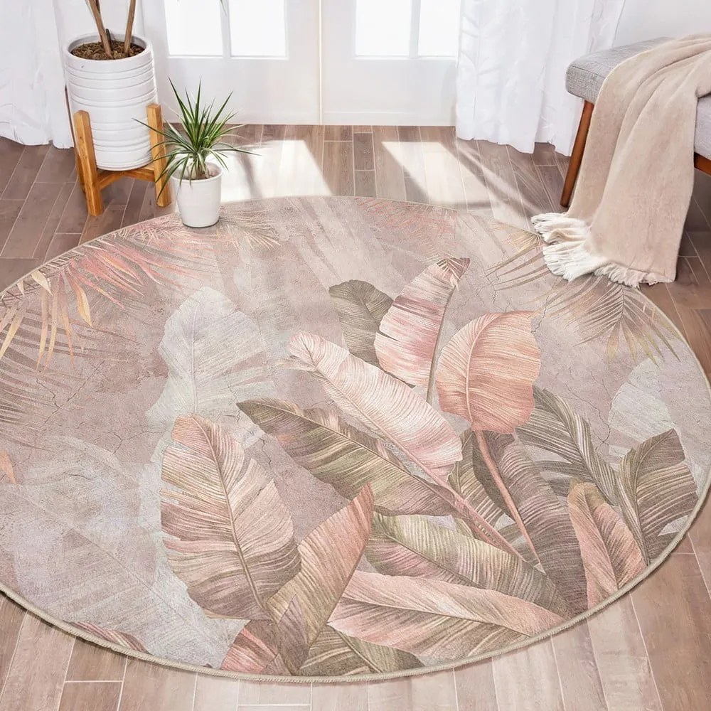 Jasnoróżowy okrągły dywan odpowiedni do prania ø 150 cm Dusty Leaves – Mila Home