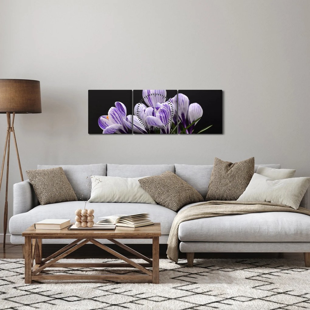 Obraz - Fioletowe krokusy (z zegarem) (90x30 cm)