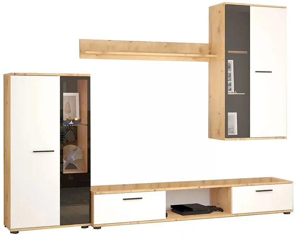 Nowoczesna meblościanka z witryną biały + dąb artisan F8-N71