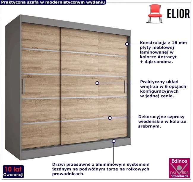 Szafa przesuwna antracyt + dąb sonoma 200 cm P6-H44