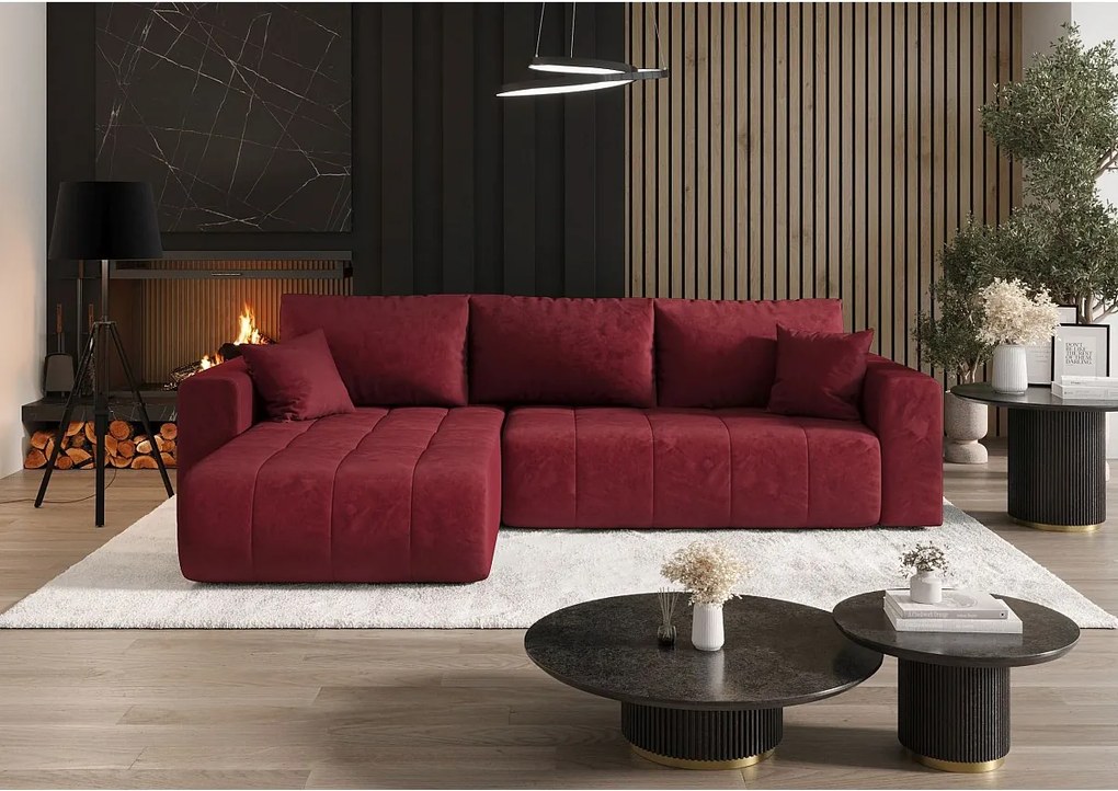 Narożnik z funkcją spania MILO Monolith 59 czerwony lewy sofa w kształcie L z pojemnikiem na pościel sofa do salonu, sofa rozkładana, sofa z pojemnikiem