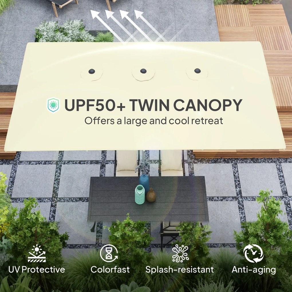 Outsunny Podwójny parasol, 451 x 264 cm Parasol z systemem korbkowym, 12 metalowych żeber, maszt z aluminium, Kremowy