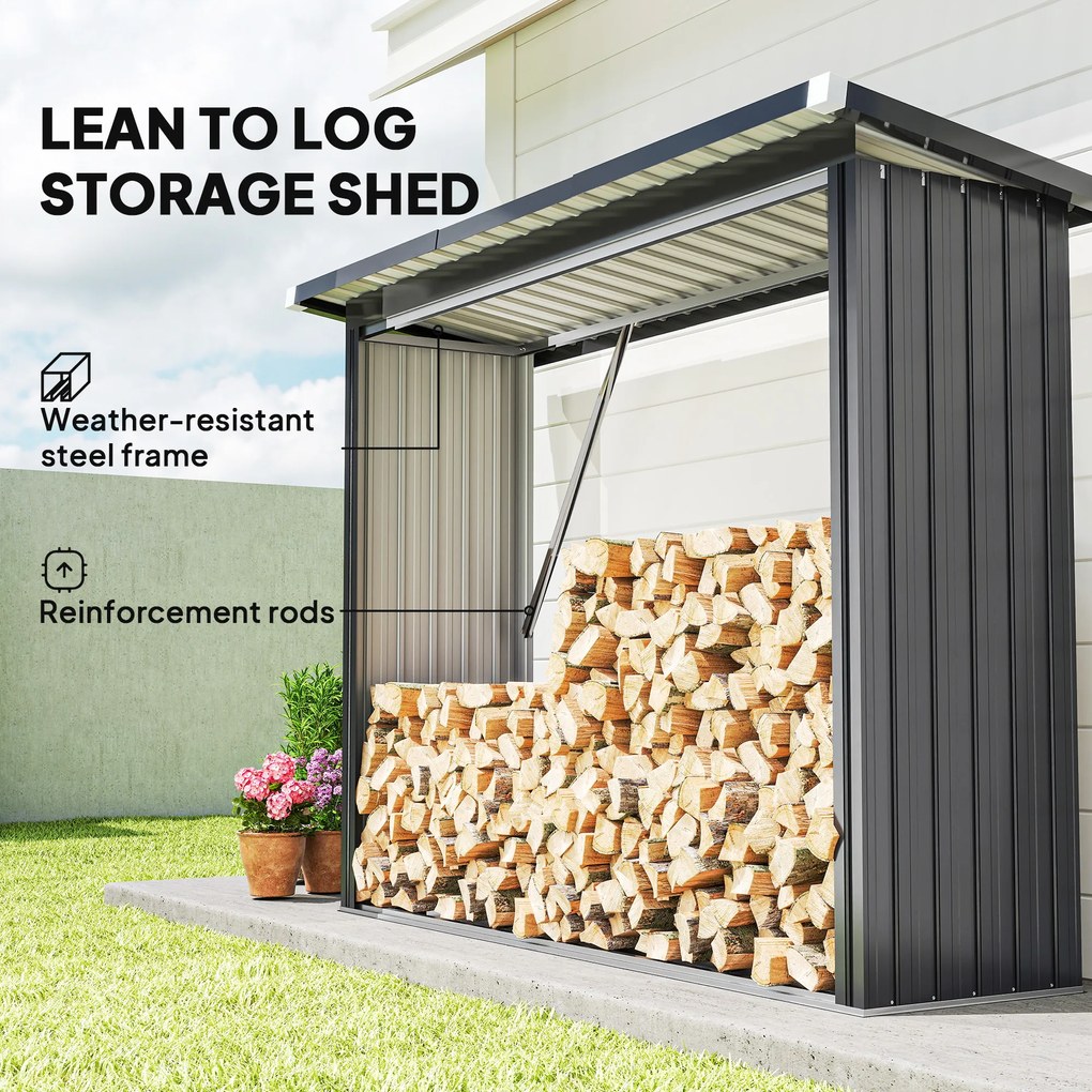 Wiata na drewno opałowe Outsunny, stal ocynkowana, podwyższona podstawa, dach jednospadowy, 213×66,5×150 cm, ciemnoszary