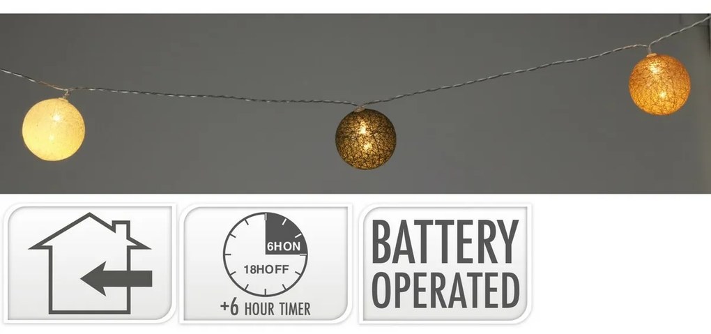 Łańcuch świetlny LED Raffia, 360 cm, 12 kul ośrednicy 6 cm, timer
