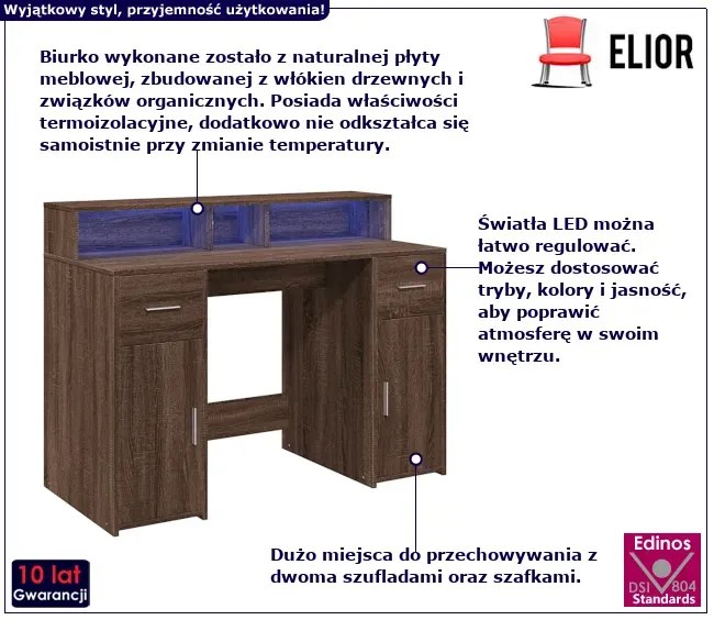 Biurko podświetlane 120 cm brązowy dąb - Duna