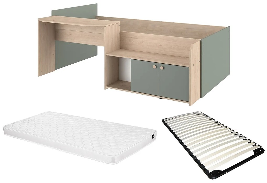 Łóżko piętrowe 90 x 190/200 cm - Naturalny i zielony + Stelaż + Materac - MIVONA
