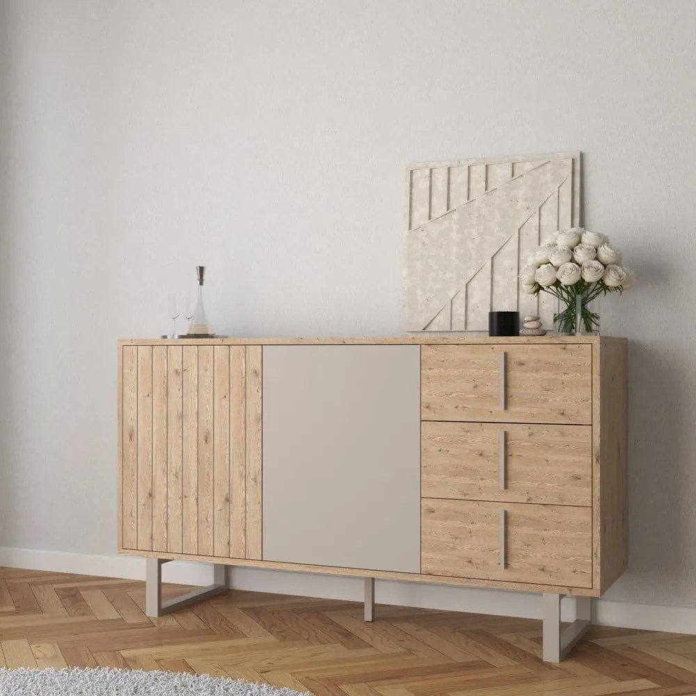 Szara niska komoda w dekorze dębu 140x80 cm Millay – Marckeric