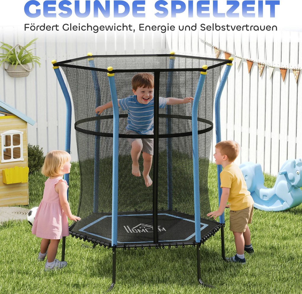 HOMCOM Trampolina dla dzieci, Ø163,5 cm, z siatką bezpieczeństwa, obicie, stal, do 50 kg, Czarny & Niebieski