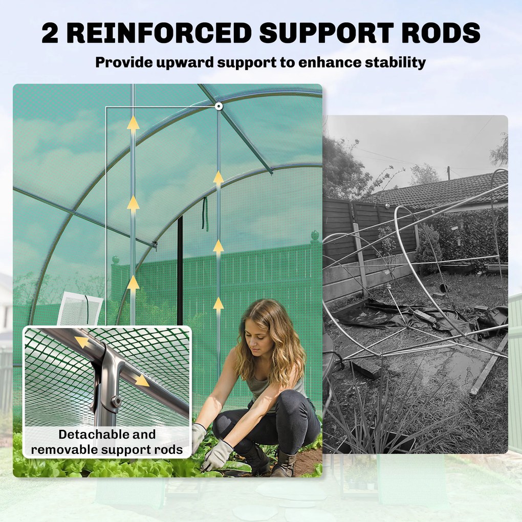 Outsunny Szklarnia ok. 4 x 3 x 2 m, szklarnia foliowa z rolowanymi drzwiami, 2 drzwi na zamek &amp; 8 okien z siatką, pręty podporowe, zielona | Aosom PL