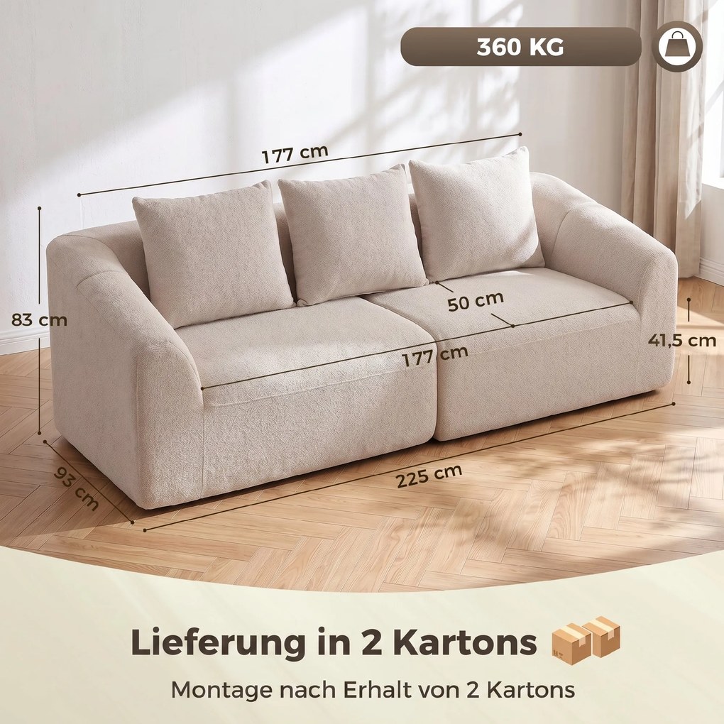 HOMCOM Sofa 3-osobowa, Chenille Cloud bez ramy, grube wkłady kieszeniowe, ekstra szerokie siedzisko, 3 poduszki, beżowy | Aosom PL
