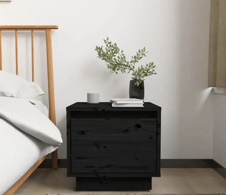 Czarny drewniany stolik nocny z szufladą - Lela