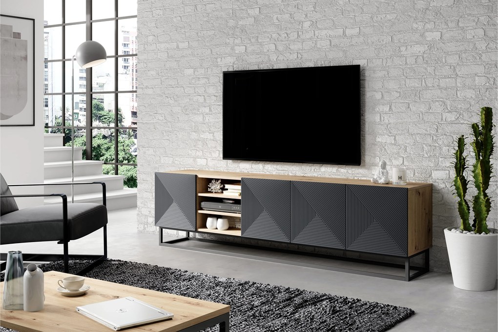 Szafka RTV Asha 200 cm z ryflowanym frontem, wnękami i metalowym stelażem - artisan / rivier stone mat