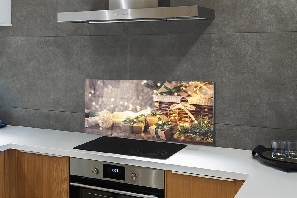 Panel szklany do Kuchni Świąteczne Gałązki i Prezenty