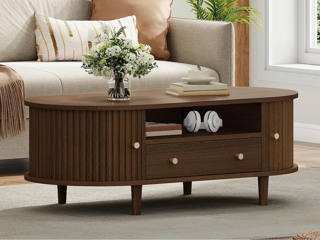 Owalny stolik kawowy 100x50x36 cm - 1 szuflada i 2 drzwi przesuwne - Otwarte miejsce do przechowywania - Fornir orzechowy - MDF - Brązowy