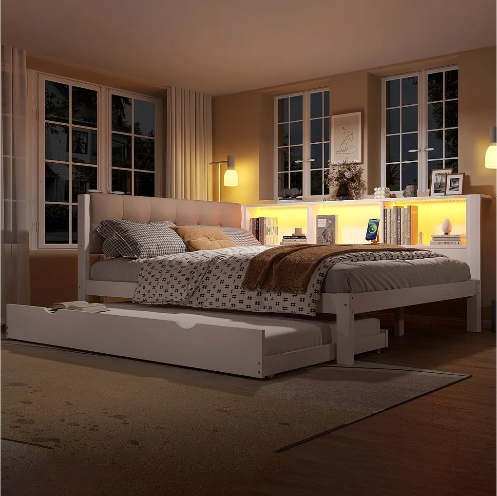 Sofa rozkładana z wysuwanym łóżkiem - 140 x 200 cm - z diodami LED + półka + USB - sosna - biała