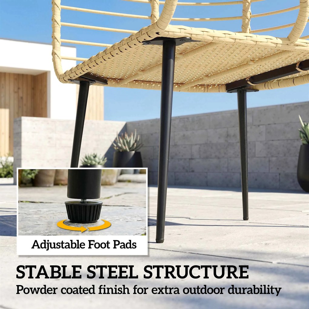 Outsunny Fotel ogrodowy z podnóżkiem, PE-rattan, w kształcie jajka, fotel koszowy z grubymi poduszkami, metalowa rama, beżowy | Aosom PL