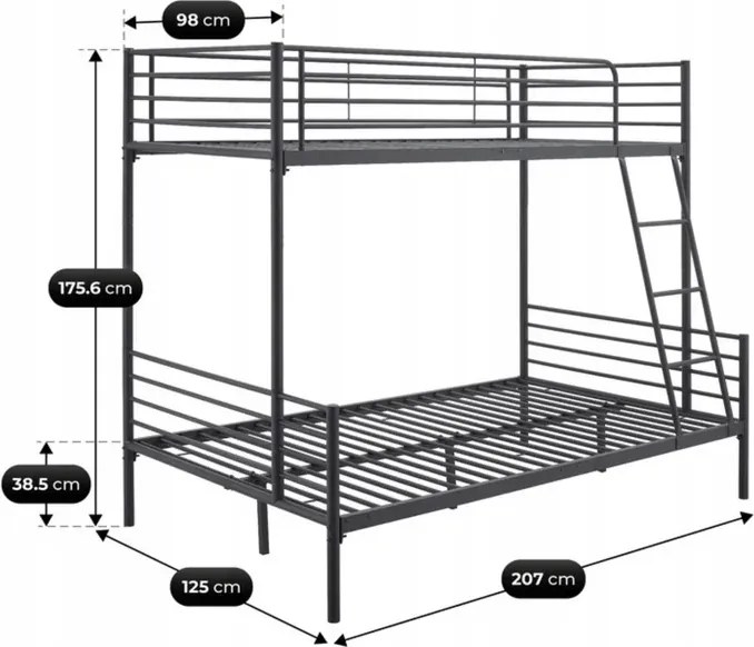 Łóżko Piętrowe Młodzieżowe 90x200 cm/ 120x200 cm TRES Metalowe Czarne Loft