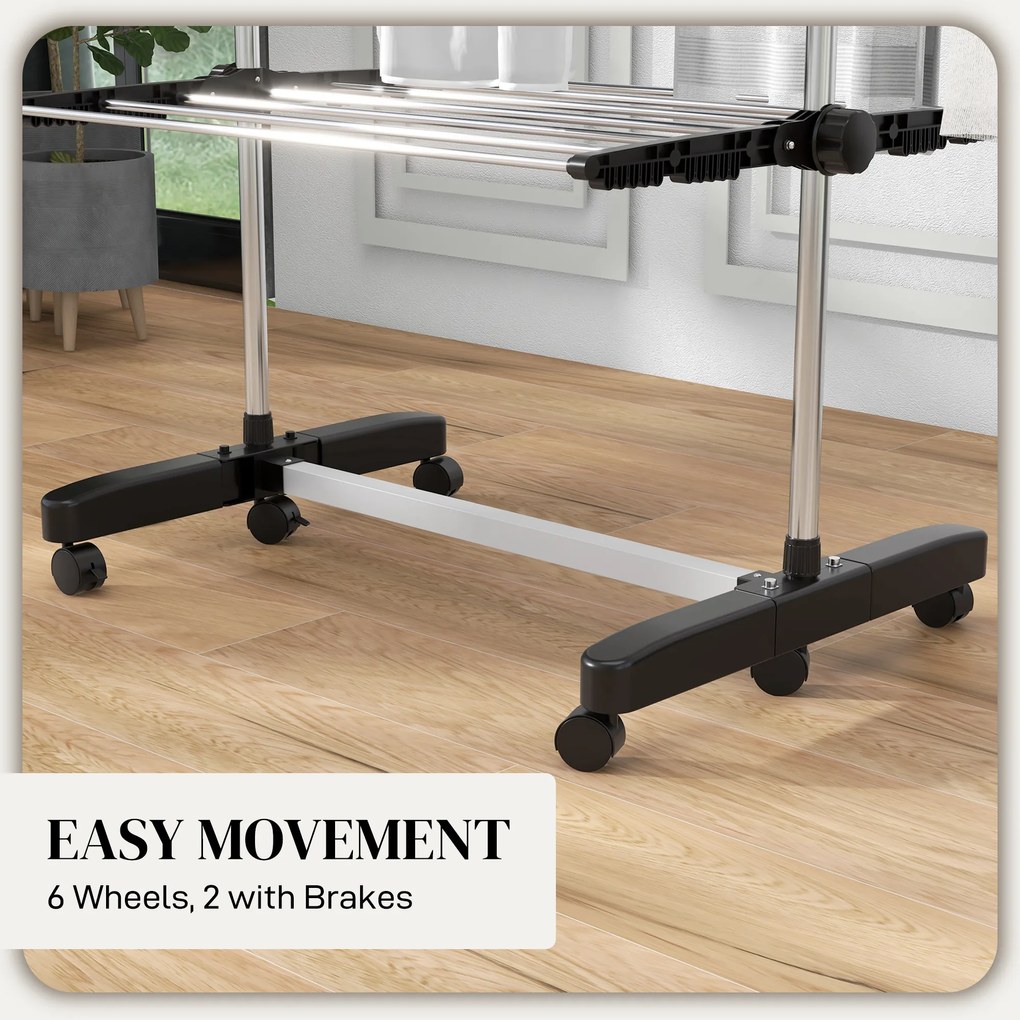 HOMCOM Suszarka do ubrań 5 poziomów, składana, system One-Klick, 142 cm x 55 cm x 172 cm, Czarny + Srebrny