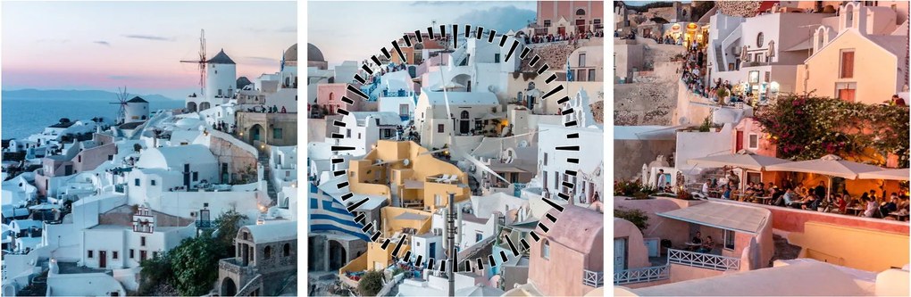 Obraz - Zmierzch na Santorini (z zegarem) (90x30 cm)