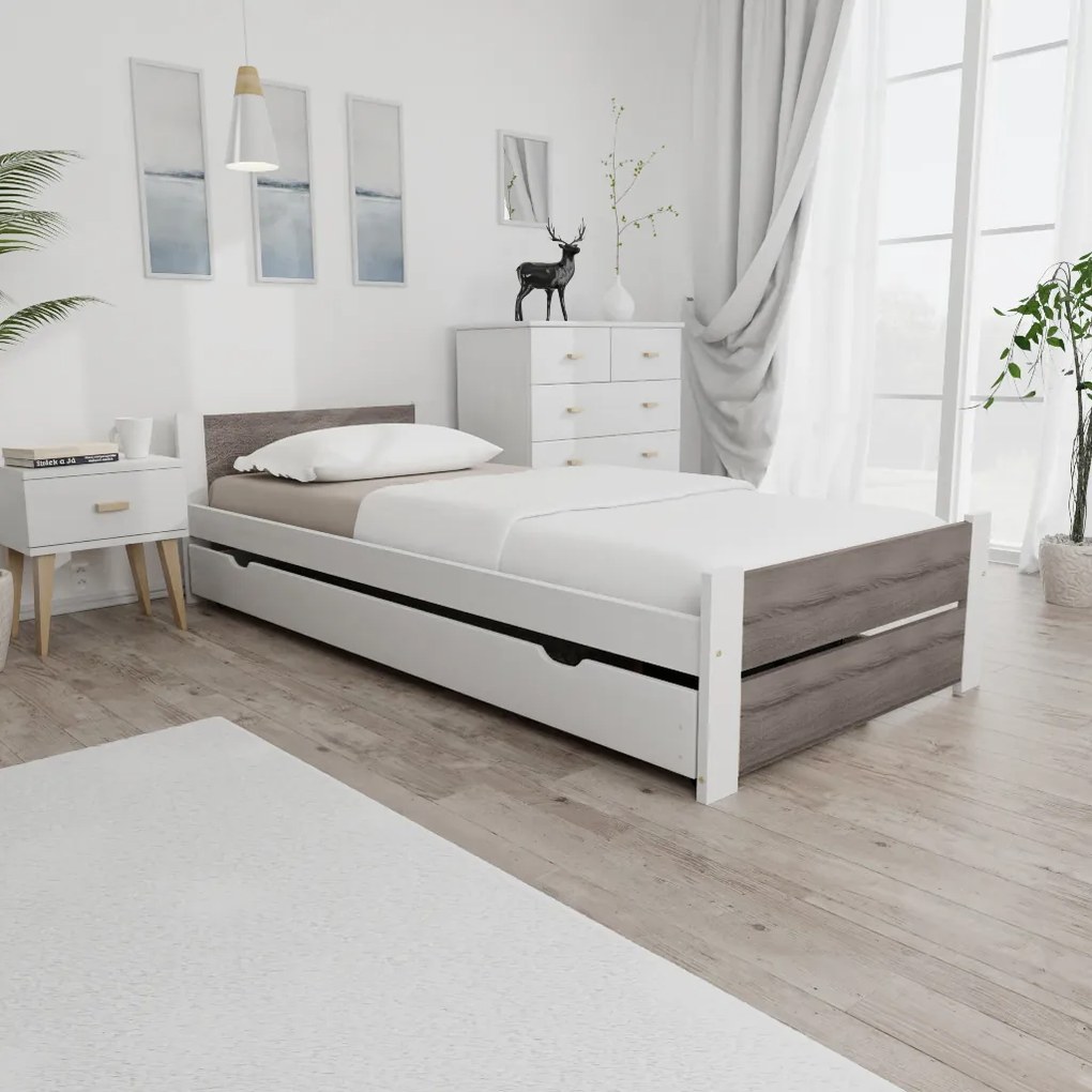 Łóżko IKAROS DOUBLE 90 x 200 cm, biały/dąb truflowy Stelaż: Ze stelażem listwowym elastycznym, Materac: Materac Coco Maxi 20 cm