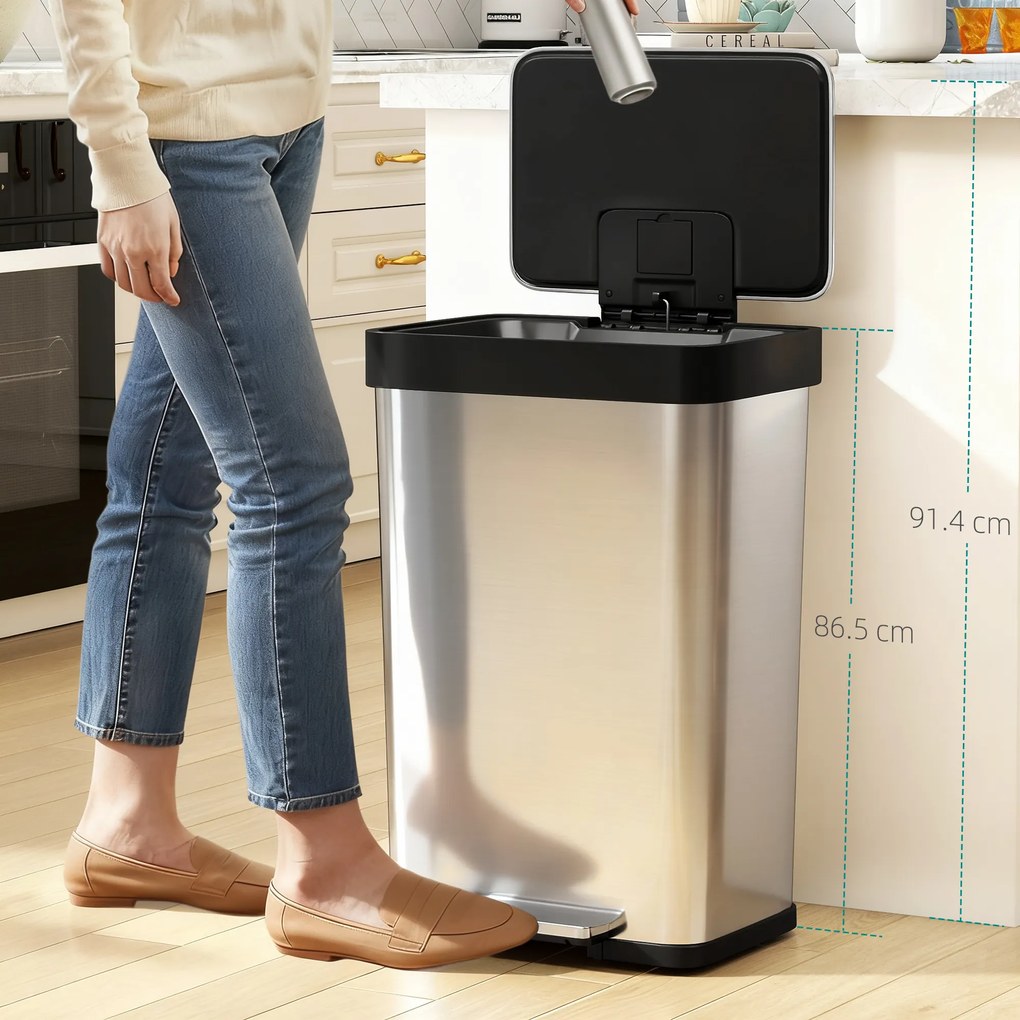 HOMCOM 60 L kosz na śmieci z pedałem, stalowy pojemnik z pokrywą z miękkim domykaniem, kolor srebrny