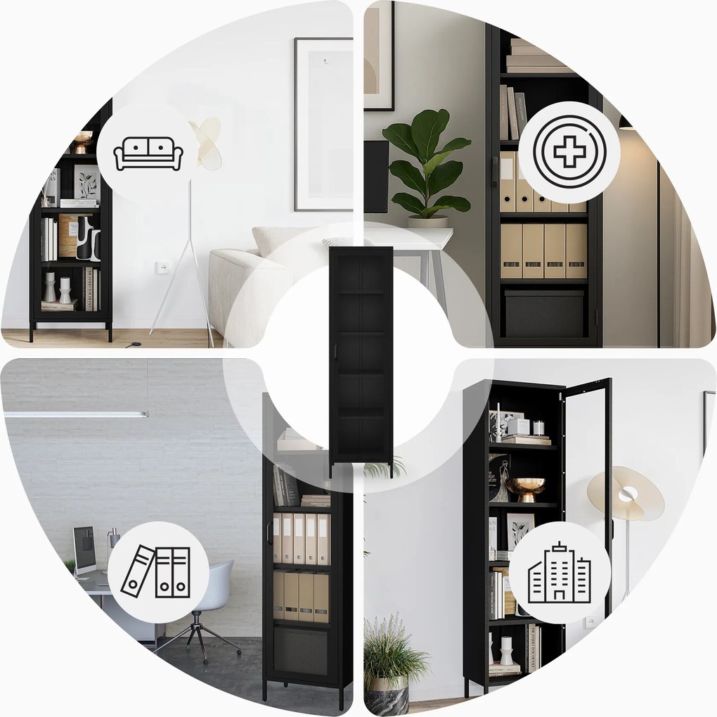 Witryna szklana do salonu wąska metalowa czarna LUIGI Modern 500 x 1800 x 350 mm