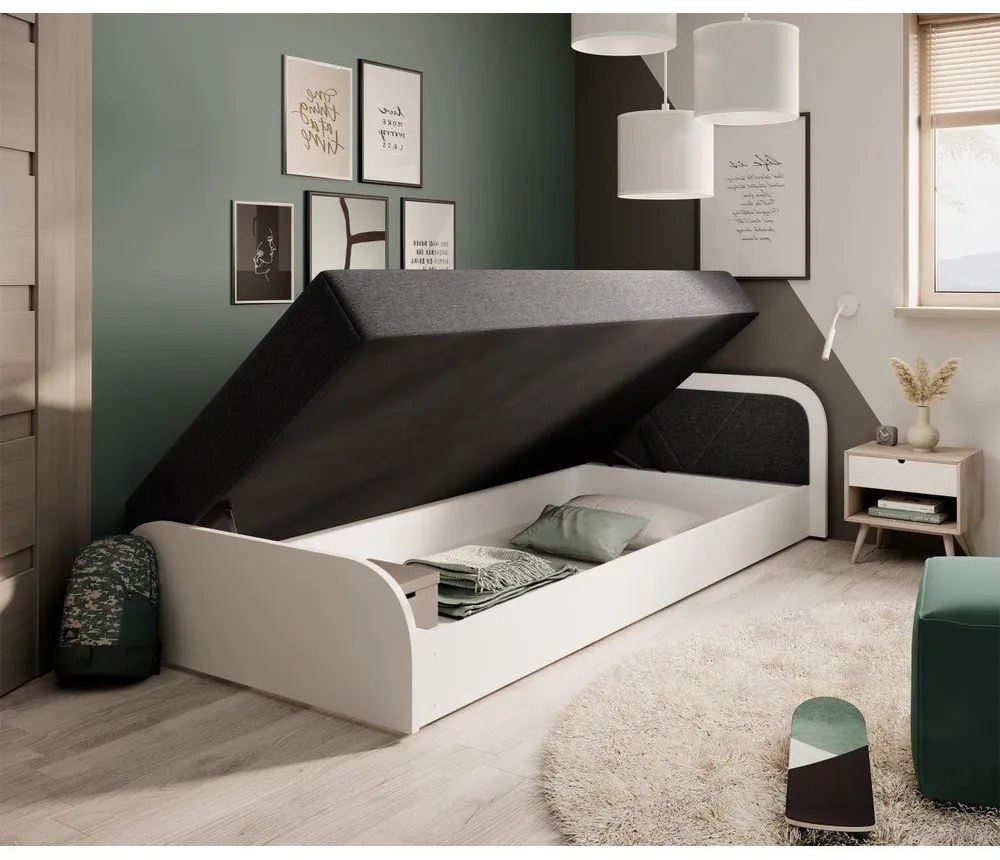 Białe/ciemnoszare tapicerowane/z płyty wiórowej łóżko jednoosobowe ze schowkiem z materacem 80x190 cm Parys – ELTAP