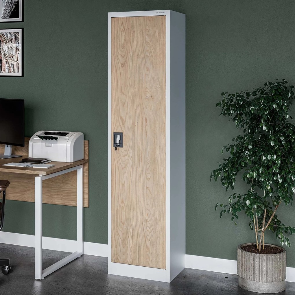 Biurowa szafa metalowa ALEX, 450 x 1850 x 400 mm, Eco Design: biała/ dąb sonoma