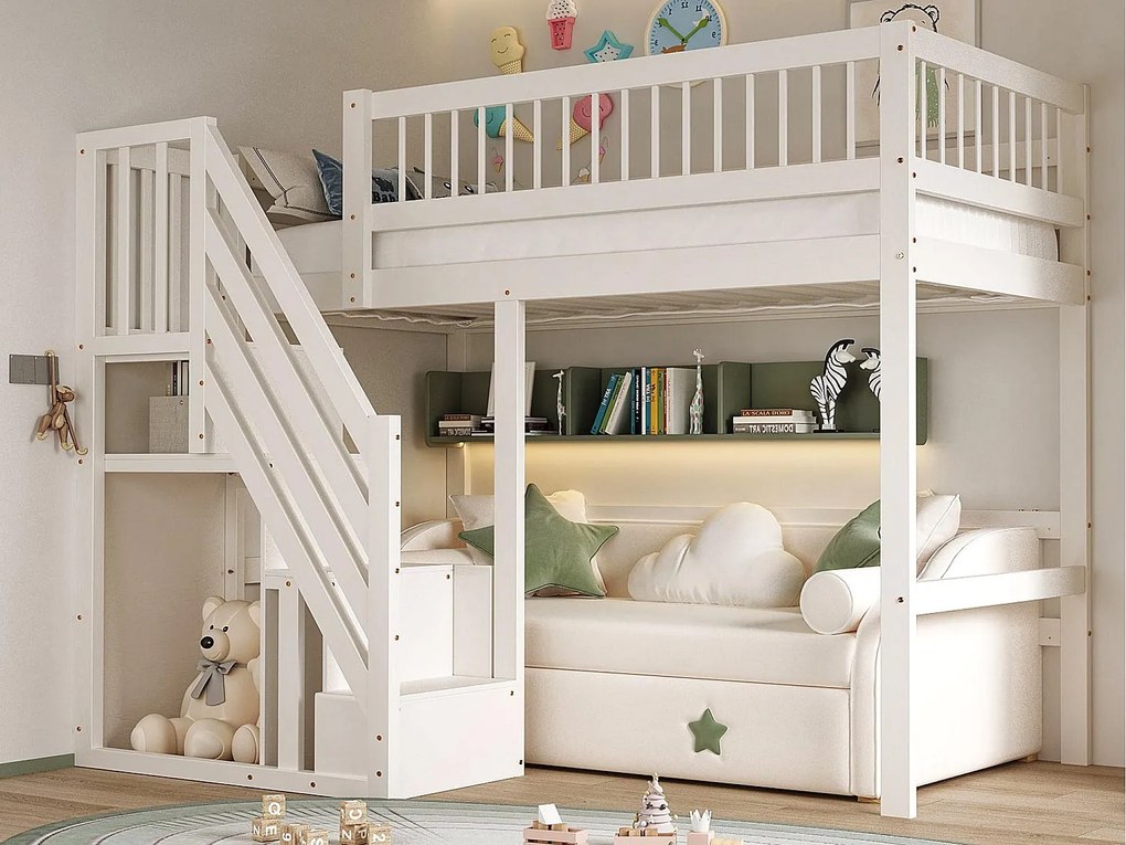 Łóżko mezzanine 90x200cm - ze schodami z miejscem do przechowywania - drewno lite + sklejka + MDF - Biały