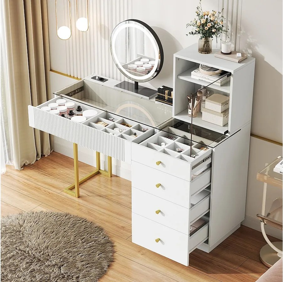 Toaletka z lustrem LED - blat z przezroczystego szkła hartowanego - z 5 szufladami - 120 x 40 x 120 cm - MDF + szkło - biała