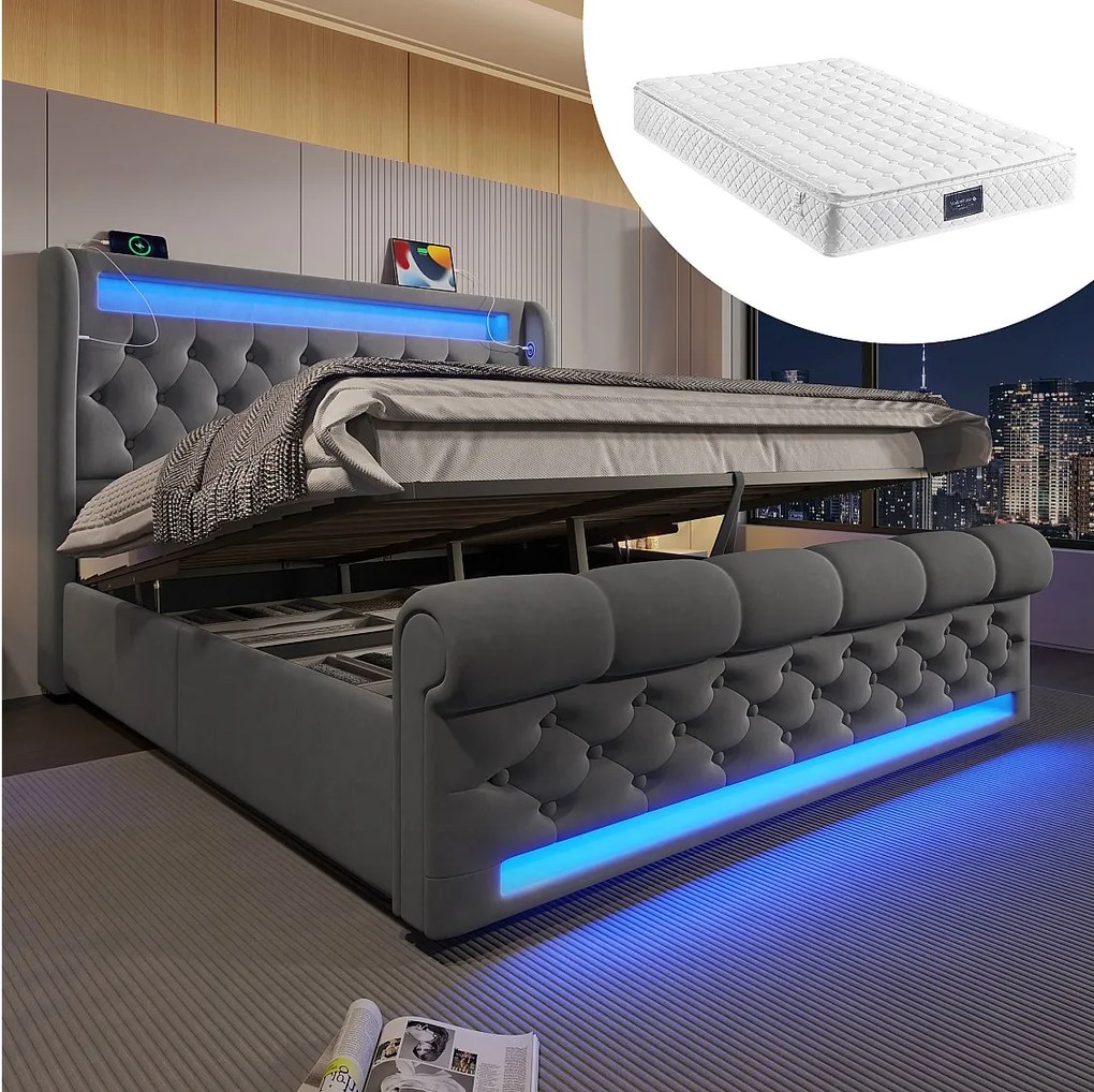 Łóżko tapicerowane ze schowkiem - 140 x 200 cm - z diodami LED - zagłówek ze schowkiem i USB - z materacem - aksamit - szary