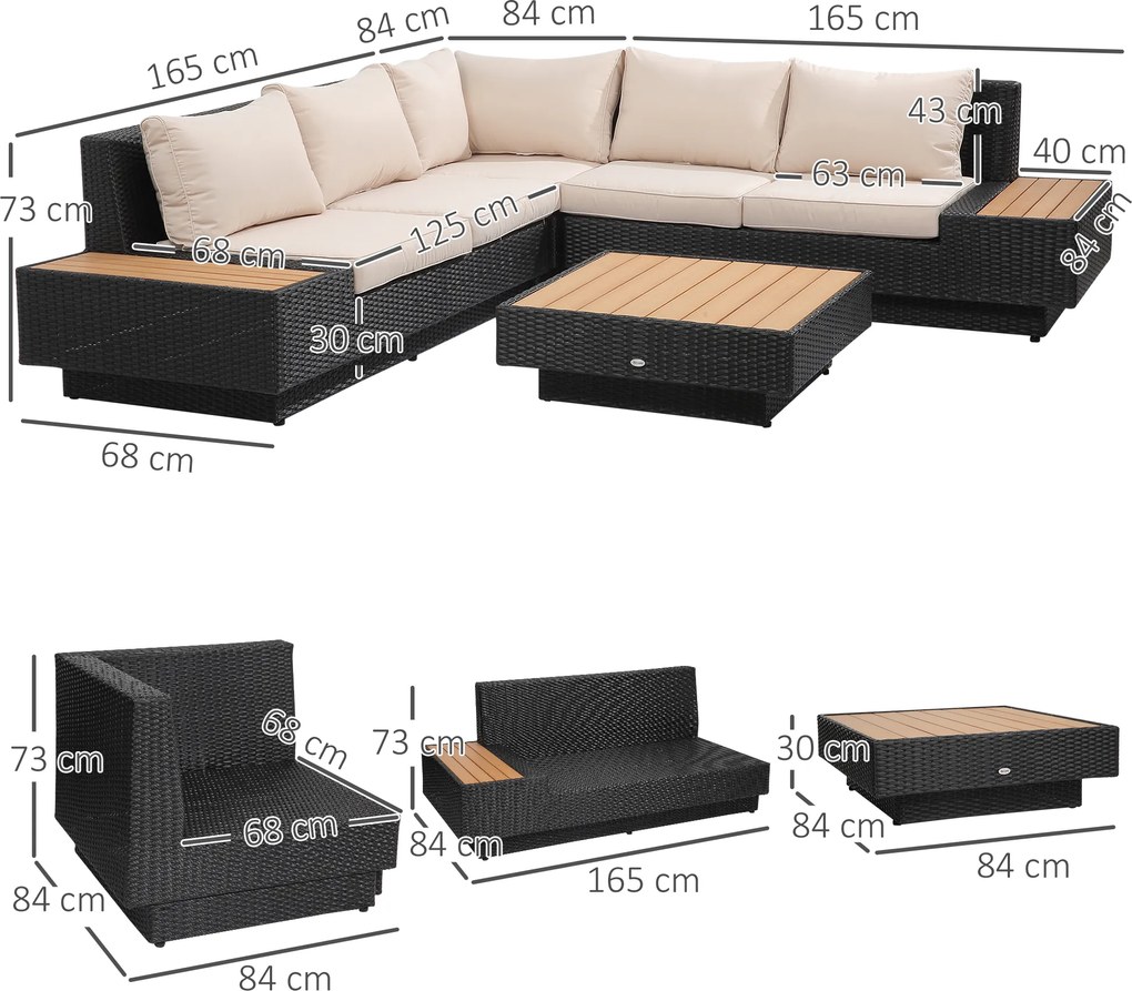 4-częściowy Narożnik ogrodowy z technorattanu zestaw sofy ogrodowej zestaw mebli 165cm zestaw rattan sofy z poduszkami | Aosom PL