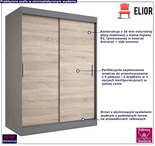 Szafa przesuwna 150 cm antracyt + dąb sonoma W1-A97