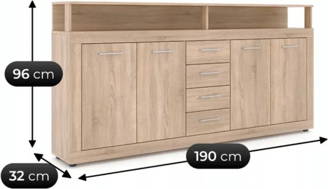 Komoda Czterodrzwiowa z Szufladami BLAGO 190 cm Dąb Sonoma Nowoczesna