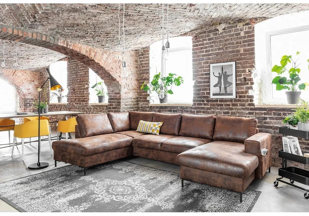Brązowa rozkładana sofa w kształcie litery "U" z imitacji skóry Miuform Lofty Lilly Vintage, lewostronna