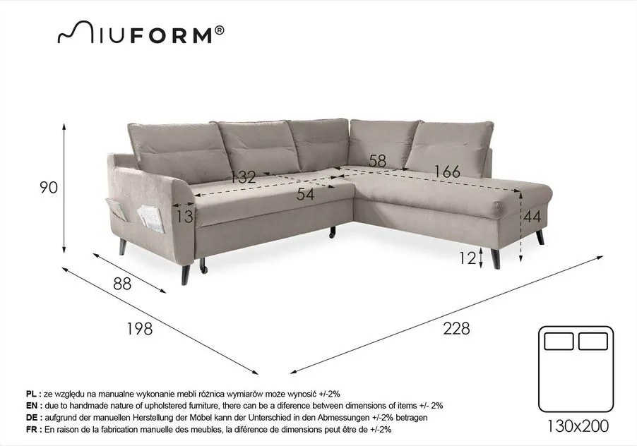 Turkusowy aksamitny narożnik rozkładany Miuform Stylish Stan L, prawostronny