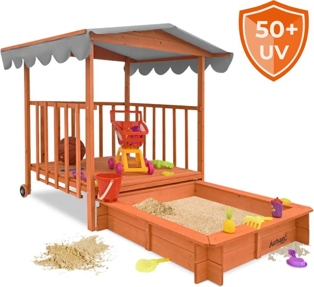 Piaskownica z werandą HAPPY, lita sosna 130 x 130 x 143 cm, brązowo szary Jurhan