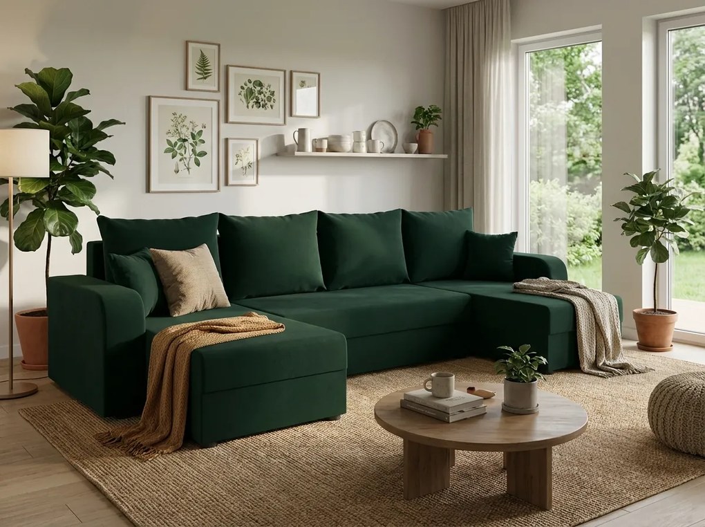 Rozkładana sofa narożna w kształcie U VALERIO 305x140 cm, ciemnozielona